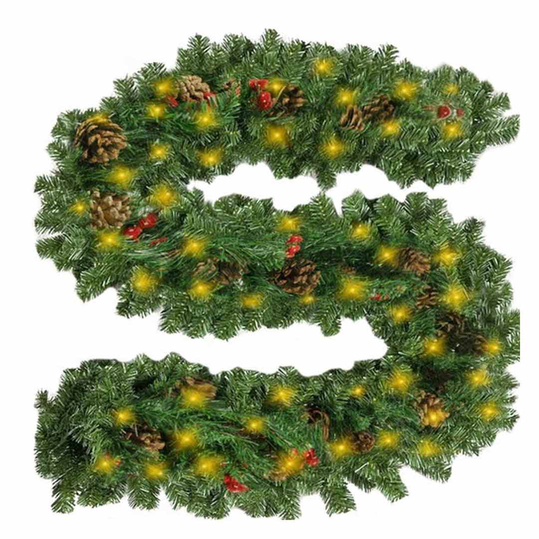 Girlanda - vánoční řetěz 2,7m s LED světýlky, šiškami a brusinkami