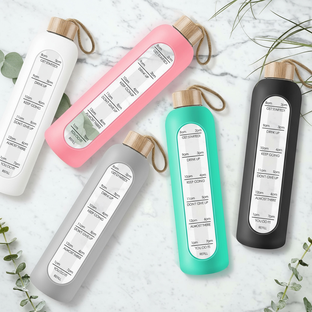 Skleněná motivační láhev o objemu 1l se silikonovým pouzdrem - barva dle skladu