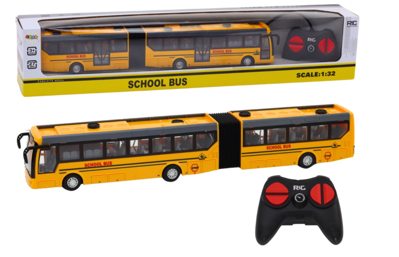 RC kloubový školní autobus 1:32 – dálkově ovládaný model se světly, 40min výdrž.