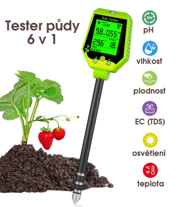 Měřič půdy 6 v 1 PMH1088 - měří elektrickou vodivost EC (TDS), pH, vlhkost, plodnost, osvětlení, teplotu-  půdní tester...